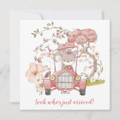 かわいいリス・ヴィンテージカーの女の子の誕生のお知らせ (正面)