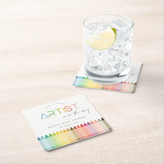 かわいいリトルアーティストクレヨンおもしろいレインボーベビーシャワー スクエアペーパーコースター (インサイチュ)