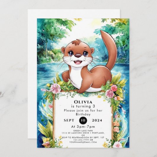 かわいいリトルオッター誕生日 招待状 (正面/裏面)