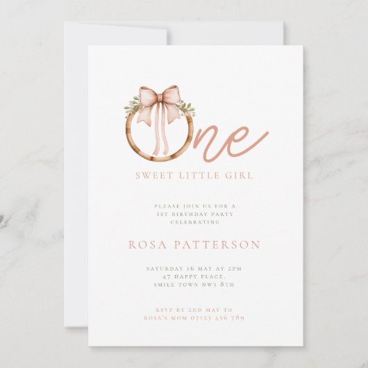 かわいいリトルガール ボウ&フープ 1歳の誕生日 招待状 (正面)