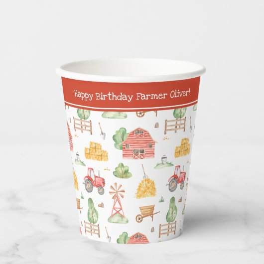 かわいいリトルキッズ農家パターンハッピーバースデー 紙コップ (正面)