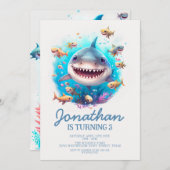 かわいいリトルシャークのモダンな子供の誕生日パーティー 招待状 (正面/裏面)