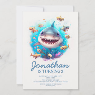 かわいいリトルシャークモダン子供の誕生日パーティー 招待状