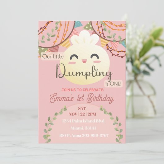 かわいいリトルダンプリング最初の誕生日招待状 招待状 (スタンド正面)