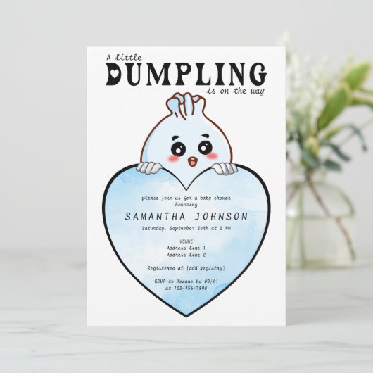 かわいいリトルダンプリング薄暗い合計ブルーベビーシャワー 招待状 (スタンド正面)