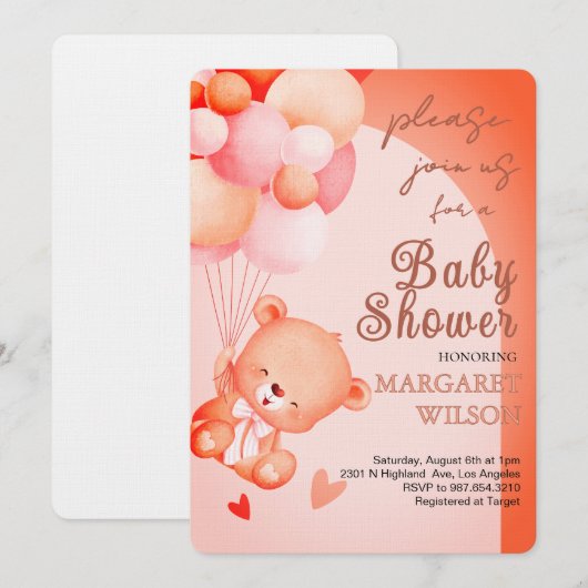 かわいいリトルテディベアベビーシャワー 招待状 (正面/裏面)