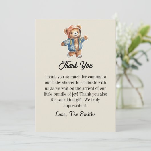 かわいいリトルテディベイビーシャワーの感謝カード 招待状 (スタンド正面)