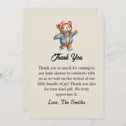 かわいいリトルテディベイビーシャワーの感謝カード 招待状 (正面/裏面)