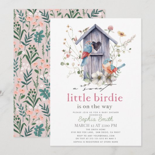かわいいリトルバーディーの鳥小屋 女の子のベビーシャワー 招待状 (正面/裏面)