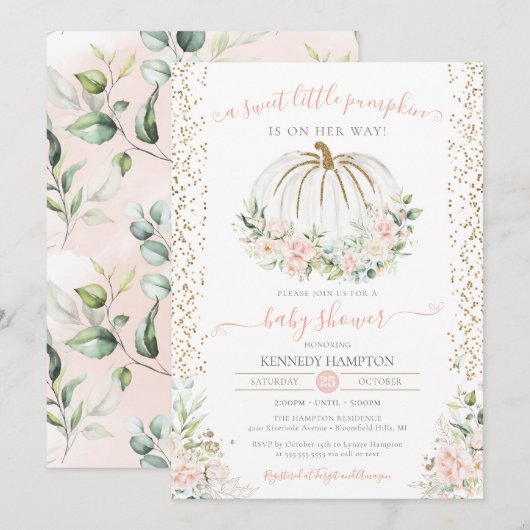 かわいいリトルパンプキン ピンクの秋の赤ちゃん歓迎会 招待状 (正面/裏面)