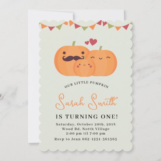 かわいいリトルパンプキン 1歳の誕生日パーティー招待状 招待状 (正面)