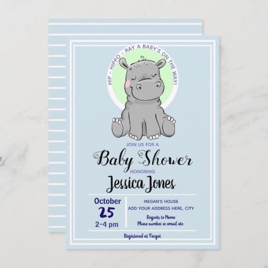 かわいいリトルヒッポベビーシャワー招待状 招待状 (正面/裏面)