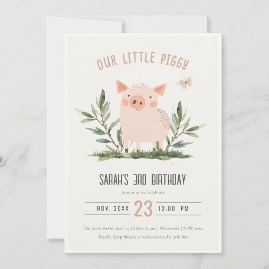 かわいいリトルピギーキッズファームピッグフォト誕生日 招待状 (正面)