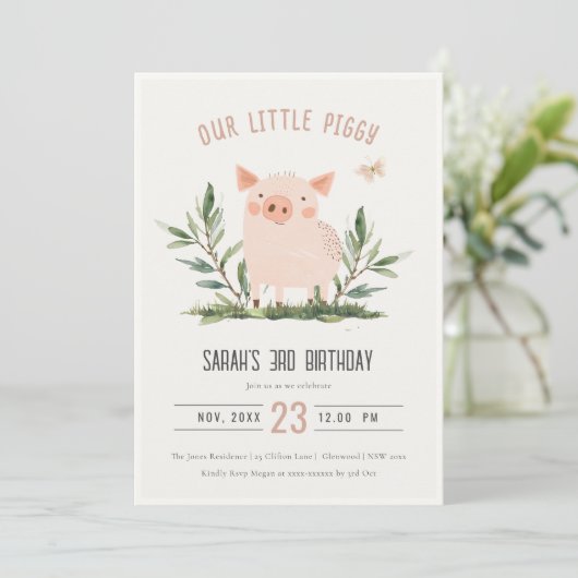 かわいいリトルピギーキッズファームピッグフォト誕生日 招待状 (スタンド正面)