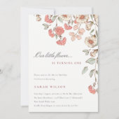 かわいいリトルピンクフラワーベビーガール誕生日招待状 サンキューカード (正面)