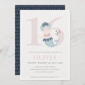 かわいいリトルピンクブルーマーメイド16誕生日招待状 サンキューカード (正面/裏面)