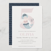 かわいいリトルピンクブルーマーメイド5th誕生日招待状 サンキューカード (正面/裏面)