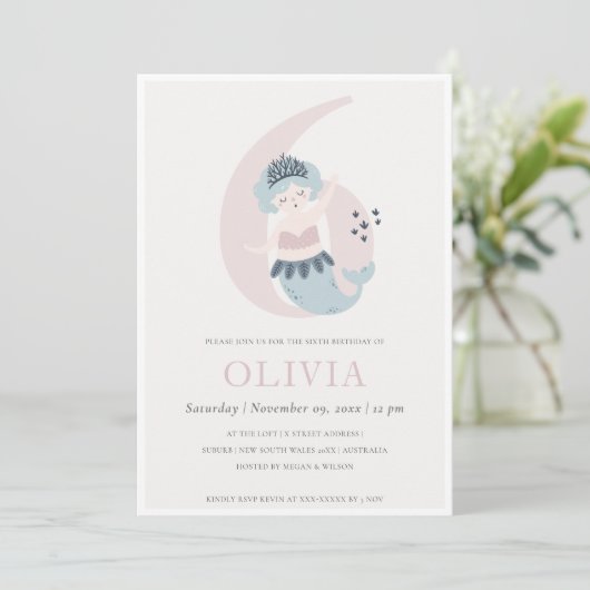 かわいいリトルピンクブルーマーメイド6th誕生日招待状 サンキューカード (スタンド正面)