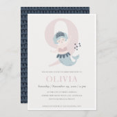 かわいいリトルピンクブルーマーメイド9th誕生日招待状 サンキューカード (正面/裏面)