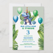 かわいいリトルブルー誕生日ディノトロピカルフレーム サンキューカード (正面)