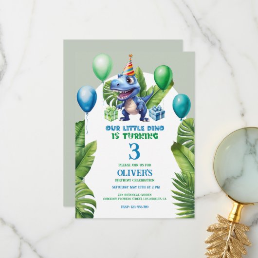 かわいいリトルブルー誕生日ディノトロピカルフレーム サンキューカード (正面/裏面インサイチュ)