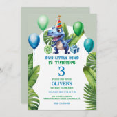 かわいいリトルブルー誕生日ディノトロピカルフレーム サンキューカード (正面/裏面)