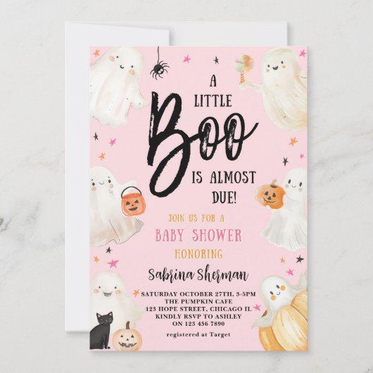 かわいいリトルブー ピンク ハロウィン 女の子のベビーシャワー 招待状 (正面)
