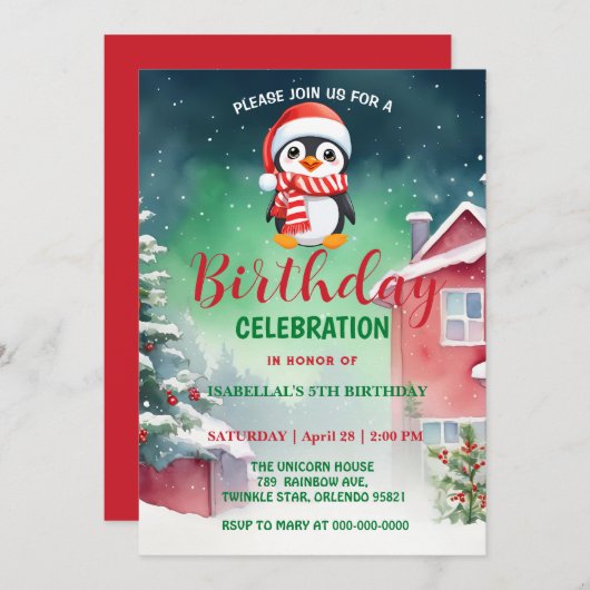 かわいいリトルペンギンのクリスマスの誕生日の男の子 セーブザデート (正面/裏面)