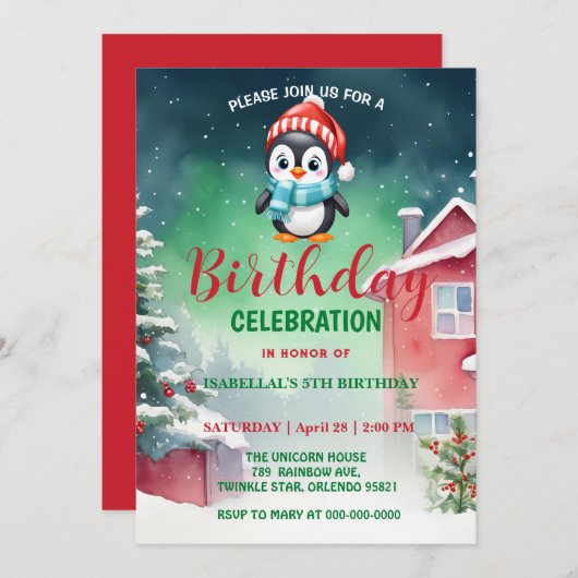 かわいいリトルペンギンのクリスマスの誕生日の男の子 セーブザデート (正面/裏面)