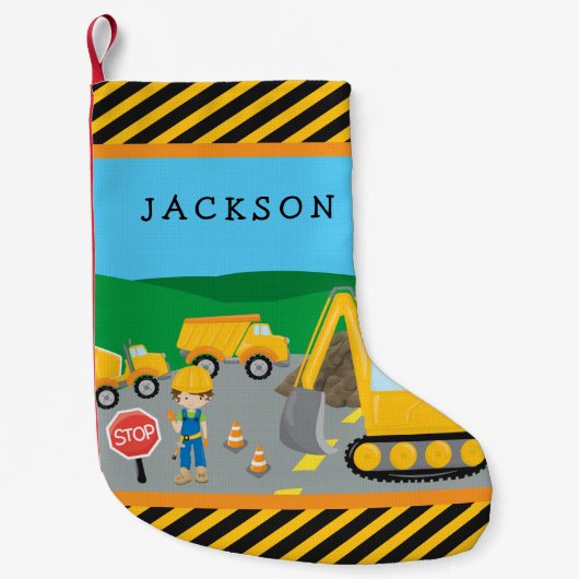 かわいいリトルボーイ建築車モノグラムの両 スモールクリスマスストッキング (正面)