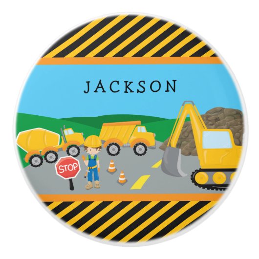 かわいいリトルボーイ建築車モノグラムの両 セラミックノブ (正面)