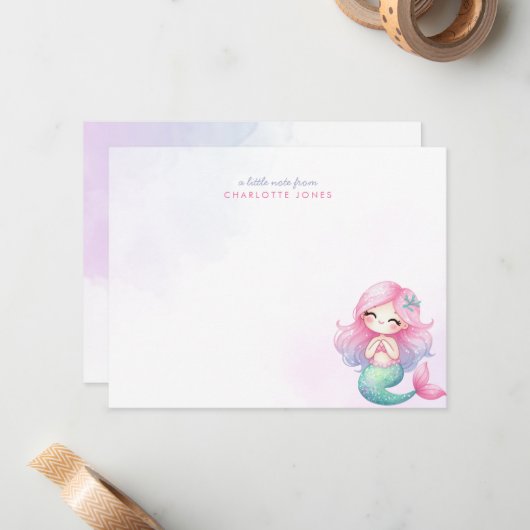 かわいいリトルマーメイドの水彩子供用ステーショナリー ノートカード (正面/裏面インサイチュ)