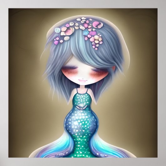 かわいいリトルマーメイドティール(緑がかった色)花顔ギフトポスター ポスター (正面)