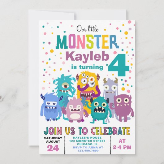 かわいいリトルモンスターズカラフル子供の誕生日パーティー 招待状 (正面)
