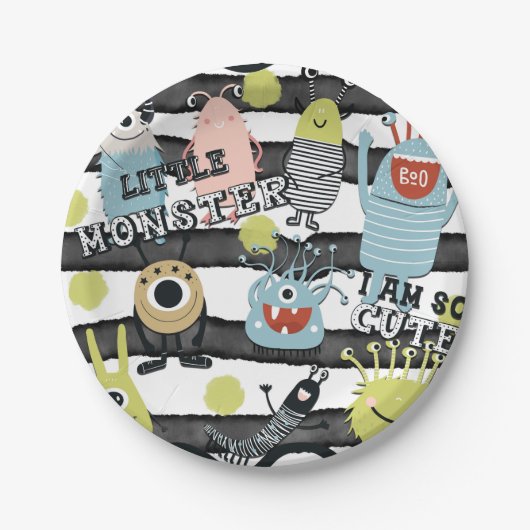 かわいいリトルモンスターズモダンシックな水彩ストライプ ペーパープレート (正面)