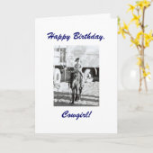 かわいいリトルヴィンテージ女性のカーボーイ&ポニー誕生日ウィッシュ カード (黄色い花)