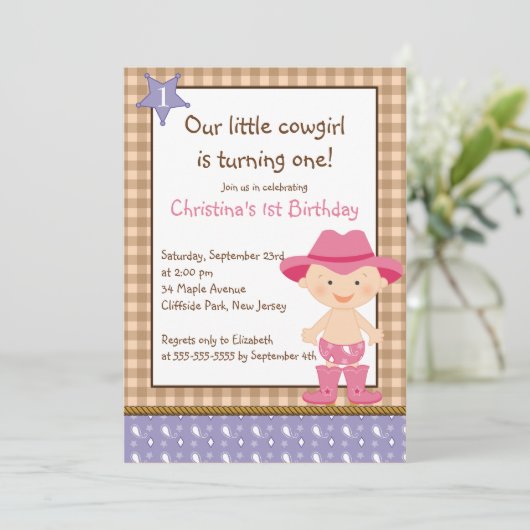 かわいいリトル女性のカーボーイバースデーパーティ招待状 招待状 (スタンド正面)
