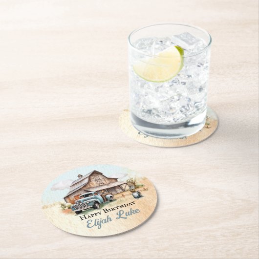 かわいいリトル農家誕生日パーティー ラウンドペーパーコースター (インサイチュ)