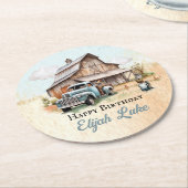 かわいいリトル農家誕生日パーティー ラウンドペーパーコースター (アングル)