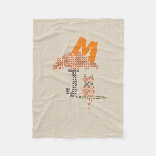 かわいいリネンルックキャット傘の毛モノグラムの布 フリースブランケット (正面)