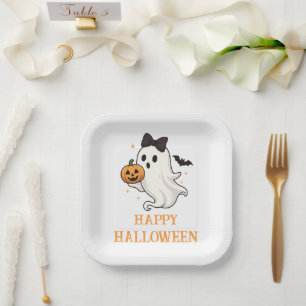 かわいいリボンとカボチャのオバケ   ハロウィン ペーパープレート