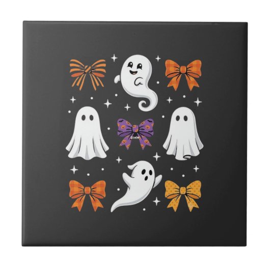 かわいいリボンのハロウィーンゴースト デザイン_1 タイル (正面)