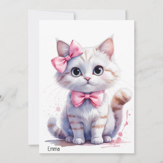 かわいいリボンの猫お誕生日おめでとう 招待状 (正面)