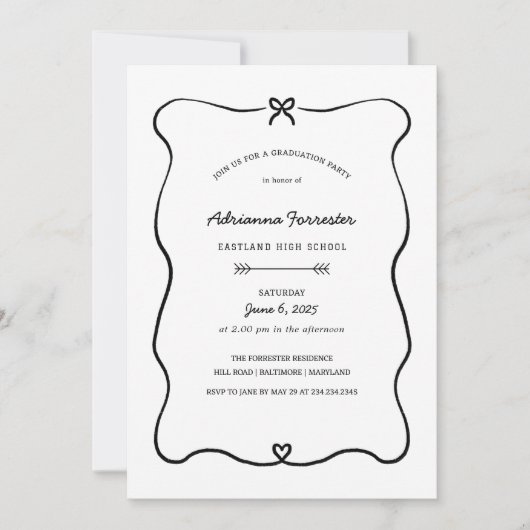 かわいいリボンハート ミニマルな卒業パーティー 招待状 (正面)