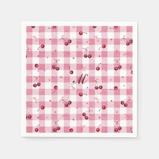 かわいいリボン チェリー ピンク ギンガム 格子 名前 スタンダードカクテルナプキン (正面)