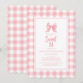 かわいいリボン パステルピンク 白 ギンガムチェック 誕生日 招待状 (正面/裏面)