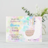 かわいいリャマの楽しいカラフルな子供の誕生日パーティー 招待状 (スタンド正面)