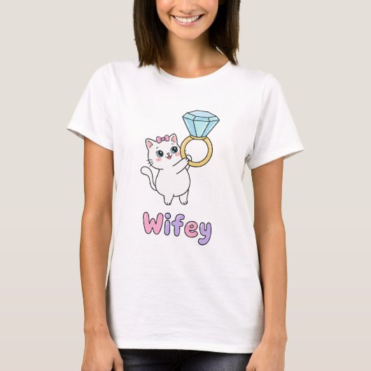 かわいいリング猫ワイフィー ウェディング Tシャツ (正面)