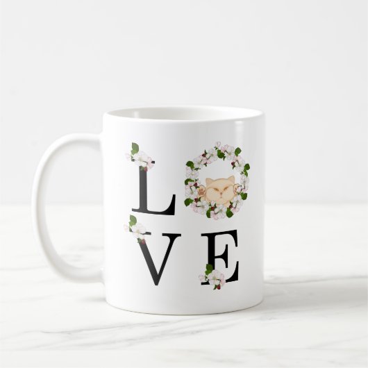 かわいいリンゴの花猫。愛 コーヒーマグカップ (左)