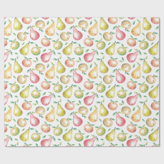 かわいいリンゴ&梨の手描き白い赤い緑 ラッピングペーパー (フラット)
